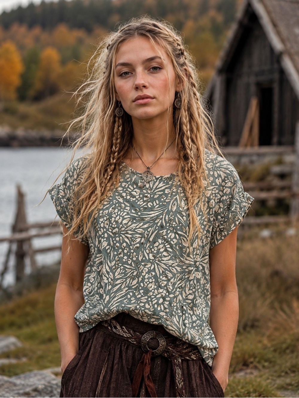 Nicole Miller Linen Floral Print Top Women’s L Green Cream Boho Fall